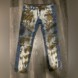 Men's Distressed Blue and Brown Jeans